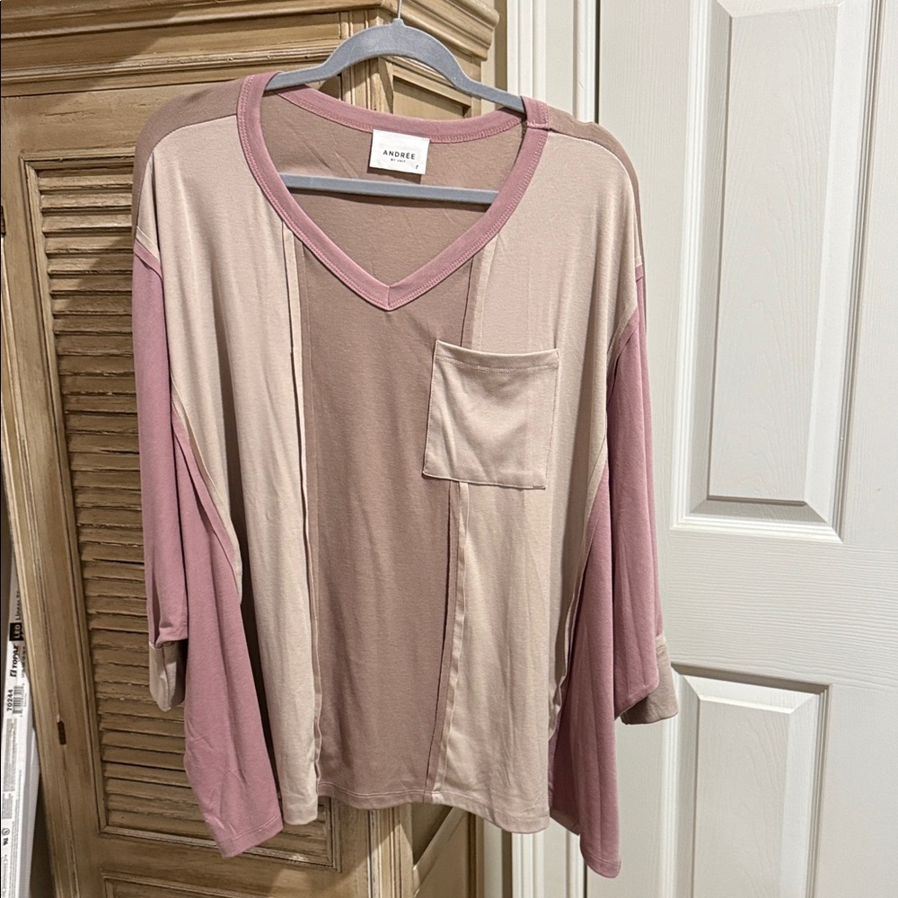 Andree Colorblock Mauve and Tan Long Sleeve Top, very soft and oversized